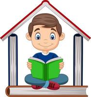 Cartoon boy reading a book with pile of books forming a house vector