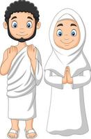 hombre y mujer musulmanes de dibujos animados con ropa de ihram vector