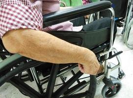 An senior or elderly woman is sit on wheelchair and her hand holding on the wheel of the wheelchair. photo