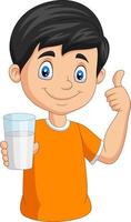 Cartoon little boy with a glass of milk giving thumb up vector