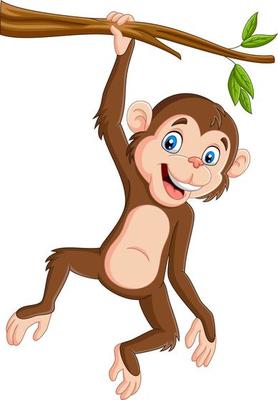 Cartoon monkey hanging in tree branch