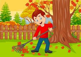 limpiador masculino de dibujos animados barriendo hojas de otoño con rastrillo vector