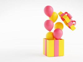 Open gift box with floating balloons 3d illustration. photo