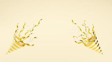 Golden party popper with flying confetti on background with copy space 3d render illustration. photo