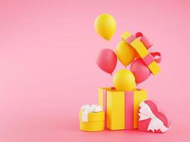 Gift boxes and balloons - 3d illustration of open birthday present packages with ribbons and flying balloons. photo