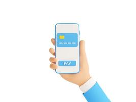 Online payment 3d render illustration. Hand holding mobile phone with credit card and pay button on screen. photo