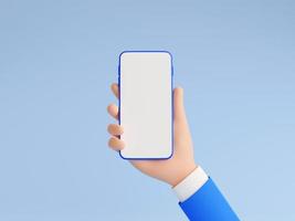 Mobile phone mockup in human hand 3d render illustration. photo