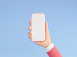 Smartphone mockup in human hand 3d render illustration on blue background. photo