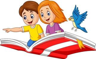Boy and girl flying on a book vector