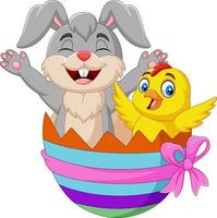 Cartoon rabbit and baby chick inside an Easter egg vector