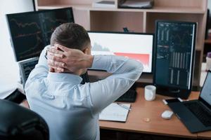 Waiting to things that must go alright. Man working online in the office with multiple computer screens in index charts photo