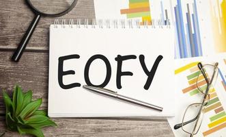 End of Financial Year word concept on notepad and magnifier on wooden background photo