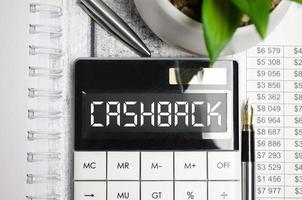 A calculator with the word CASHBACK on the display photo