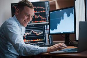 Smiling during the process. Man working online in the office with multiple computer screens in index charts photo