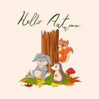 Hello autumn background with wild animals vector