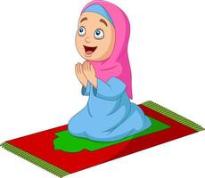 Cartoon Muslim girl praying on the prayer rug vector