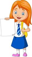 Cartoon school girl in uniform holding blank paper vector