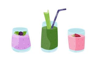 Summer beach smoothies cocktails with ice. Lilac with blackberries, green with spinach and celery, pink with strawberries. Vector illustration of refreshing drinks in glasses with tubes.