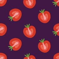 Seamless pattern with ripe tomato halves on a purple background. Botanical vector illustration for printing on clothing, textiles, paper, fabric, packaging.