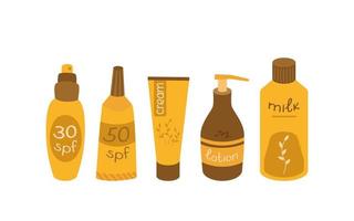 Protection from the sun and UV radiation a set of tools. Cream, lotion, spray, milk. Cosmetics for a beautiful tan in summer. Vector illustration.