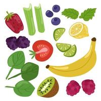 frutas frescas, bayas y hierbas, un conjunto veraniego colorido y brillante. ilustración vectorial de fresas, espinacas, moras, frambuesas, limón, lima, apio, hielo, menta, tomate, arándanos. vector