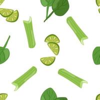 Seamless pattern with large fruits of green lime slices, celery, spinach leaves on a white background. Botanical vector illustration for printing on clothing, textiles, paper, fabric, packaging.