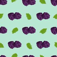 Seamless pattern with large blackberries and mint leaves on a blue background. Botanical vector illustration for printing on clothing, textiles, paper, fabric, packaging.