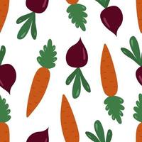 Seamless pattern with vegetables, carrots and beets on a white background. Botanical vector illustration for printing on clothing, textiles, paper, fabric, packaging.