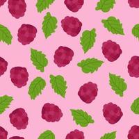 Seamless pattern with large raspberries and mint leaves on a pink background. Botanical vector illustration for printing on clothing, textiles, paper, fabric, packaging.