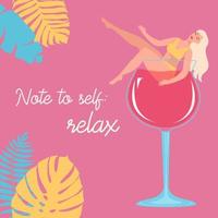 Beautiful young woman is lying in a glass with a cocktail. The concept of rest and relaxation. Flat cartoon vector illustration.
