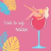 Beautiful young woman is lying in a glass with a cocktail. The concept of rest and relaxation. Flat cartoon vector illustration.