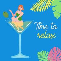 Beautiful young woman is lying in a glass with a cocktail. The concept of rest and relaxation. Flat cartoon vector illustration.