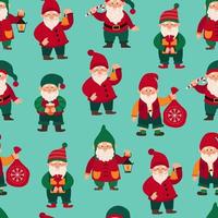 Seamless pattern with christmas little gnomes, dwarfs, elves. Endless repeatable backdrop with fairy tale characters. Childish flat vector illustration.