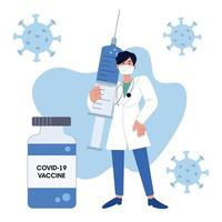 A doctor in a sanitary mask holds a syringe with a vaccine to protect against the pathogens of the COVID-19 coronavirus. Vector illustration. Fight against coronavirus.