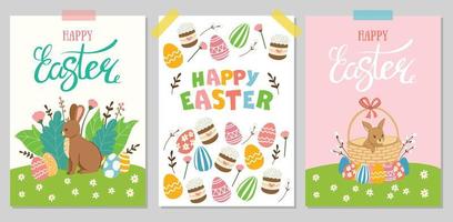 Happy Easter. A set of cute vector illustrations with Easter elements for a poster, postcard, invitation or banner.