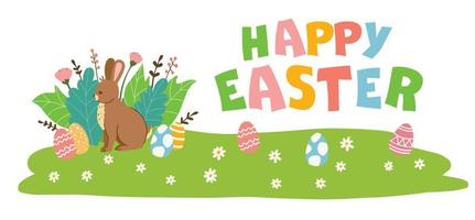 Cute hand drawn Easter horizontal banner with bunny and lettering, great for Easter greeting cards, banners and websites. vector