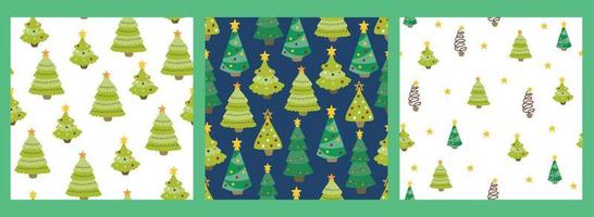 Set of Seamless pattern with hand-drawn Christmas trees. Colorful vector background. Decorative wallpaper, well suited for printing textiles, fabric, wallpaper, gift paper.