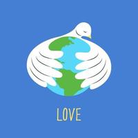 The dove embraces the planet Earth with its wings. World Peace Day greeting card. Hand drawn modern isolated Vector illustration.