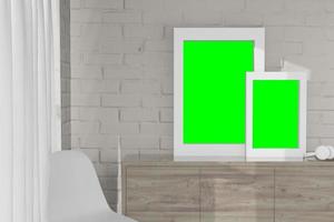 3d rendering illustration of frame for product placement in minimal room photo