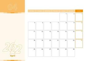 Horizontal planner for April 2022 in the orange color scheme. The week begins on Monday. vector