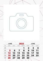 plantilla de planificador de calendario de pared para junio de 2022, la semana comienza el domingo. vector