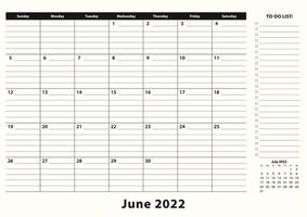 calendario mensual de escritorio de negocios de junio de 2022. vector