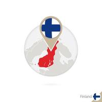 Finlandia mapa y bandera en círculo. mapa de finlandia, alfiler de la bandera de finlandia. mapa de finlandia al estilo del mundo. vector