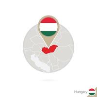 Hungary map and flag in circle. Map of Hungary, Hungary flag pin. Map of Hungary in the style of the globe. vector