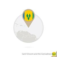 Saint Vincent and the Grenadines map and flag in circle. Map of Saint Vincent and the Grenadines, Saint Vincent and the Grenadines flag pin. Map of Saint Vincent and the Grenadines vector