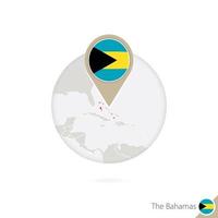 el mapa de bahamas y la bandera en círculo. mapa de bahamas, alfiler de bandera de bahamas. mapa de bahamas al estilo del mundo. vector