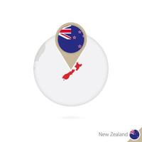 New Zealand map and flag in circle. Map of New Zealand, New Zealand flag pin. Map of New Zealand in the style of the globe. vector