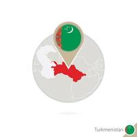 Turkmenistan map and flag in circle. Map of Turkmenistan, Turkmenistan flag pin. Map of Turkmenistan in the style of the globe. vector