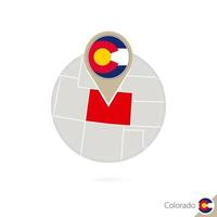 mapa del estado de Colorado y bandera en círculo. mapa de colorado, alfiler de la bandera de colorado. mapa de colorado al estilo del globo. vector