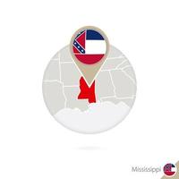 Mississippi US State map and flag in circle. Map of Mississippi, Mississippi flag pin. Map of Mississippi in the style of the globe. vector